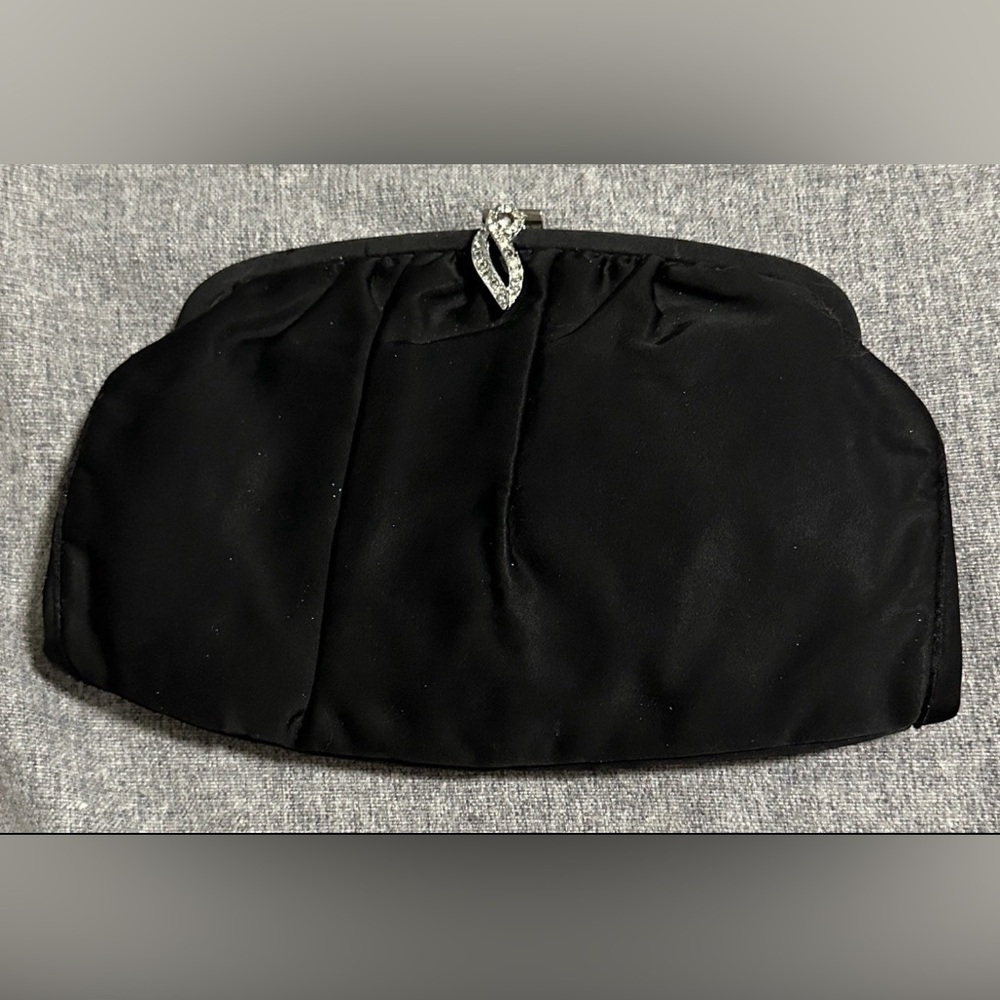 Elegant Black Vintage Clutch with Rhinestone Accent and Matching Change Purse